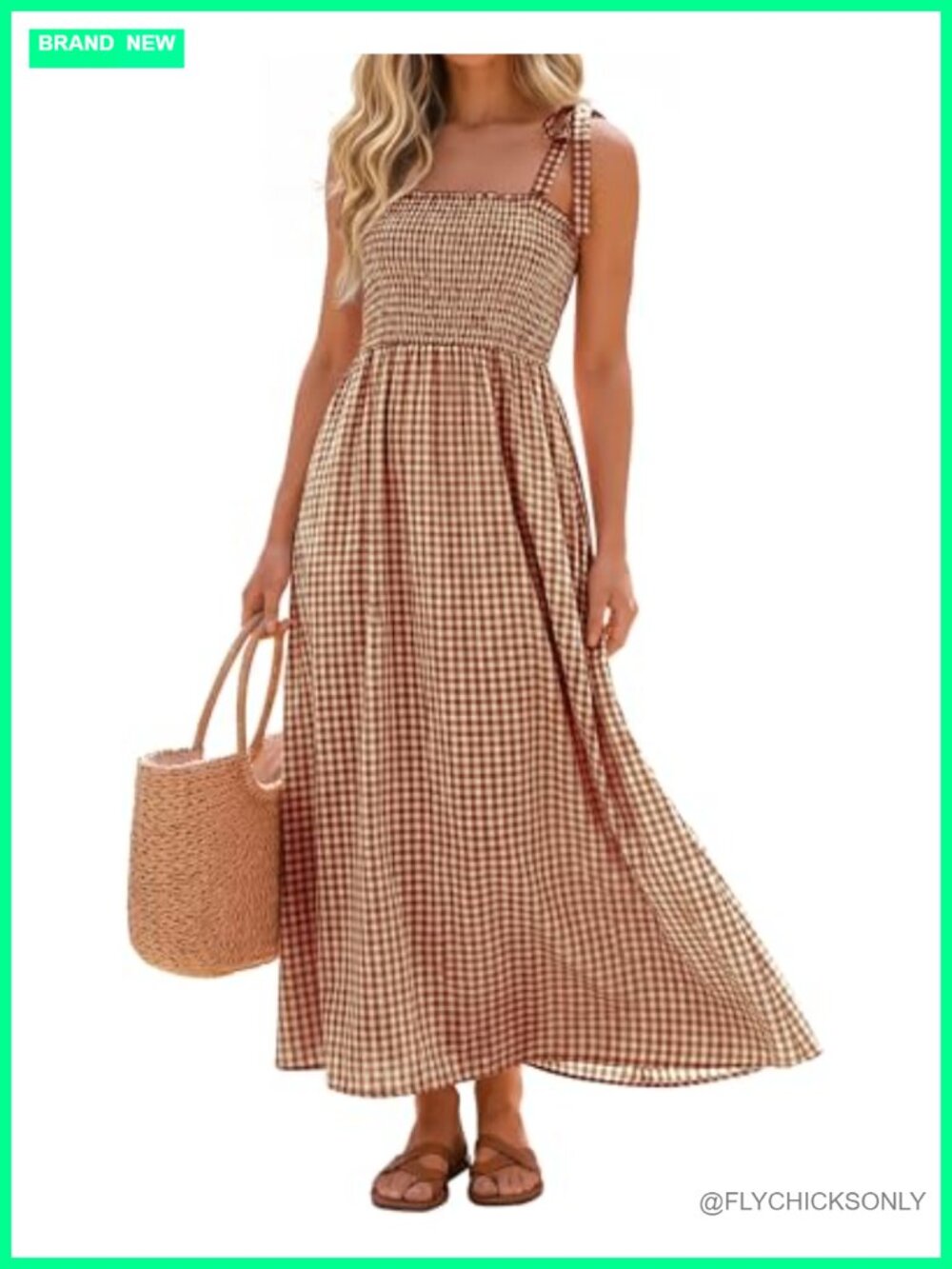Womens Plaid Maxi Gingham Flowy A-Line Smocked Summer Dress